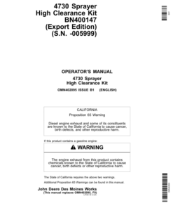 John Deere 4730 Sprayer High Clearance Kit Export Edition (000000-005999) Operator's Manual (OMN402095)