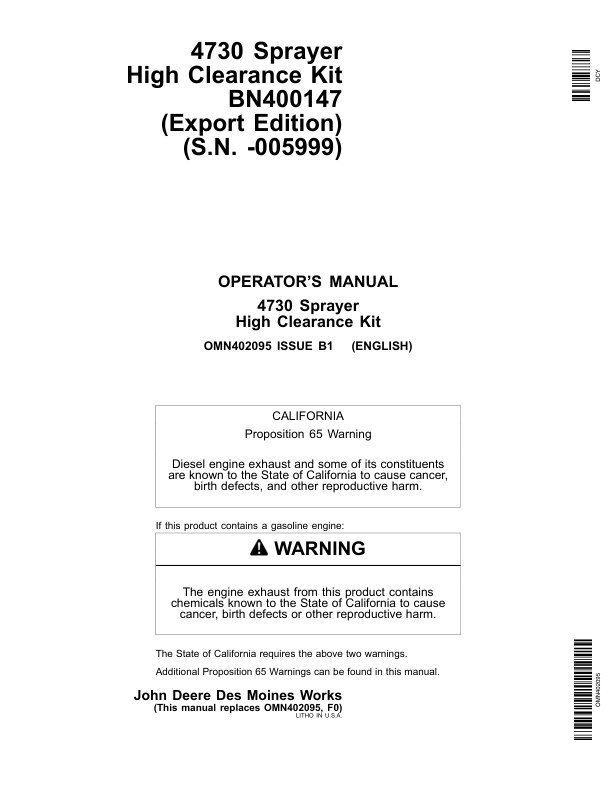 John Deere 4730 Sprayer High Clearance Kit Export Edition (000000-005999) Operator's Manual (OMN402095)