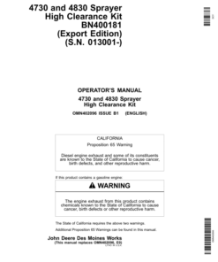 John Deere 4730, 4830 Sprayer High Clearance Kit BN400181 (013001-) Operator's Manual (OMN402096)
