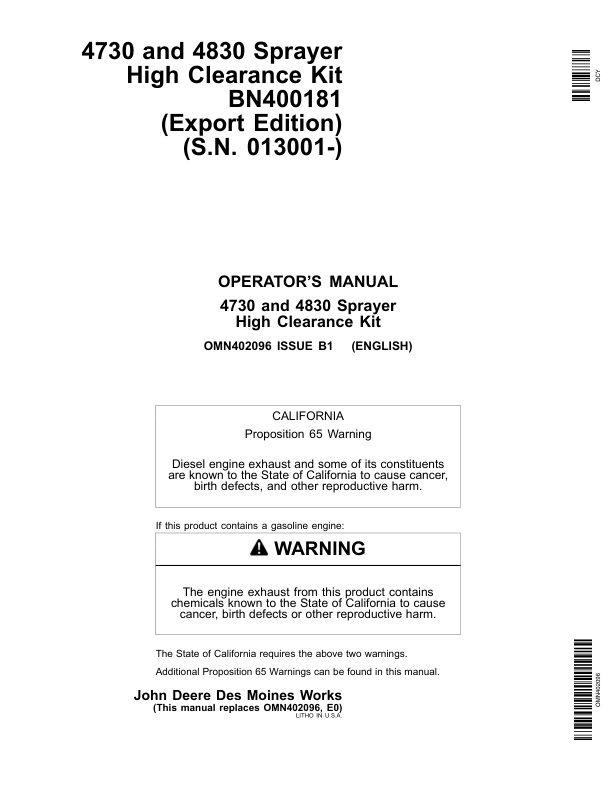 John Deere 4730, 4830 Sprayer High Clearance Kit BN400181 (013001-) Operator's Manual (OMN402096)