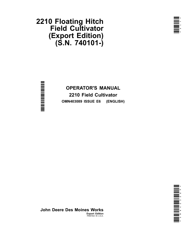 John Deere 2210 Floating Hitch Field Cultivator (Export Edition) Operator's Manual (OMN403089)