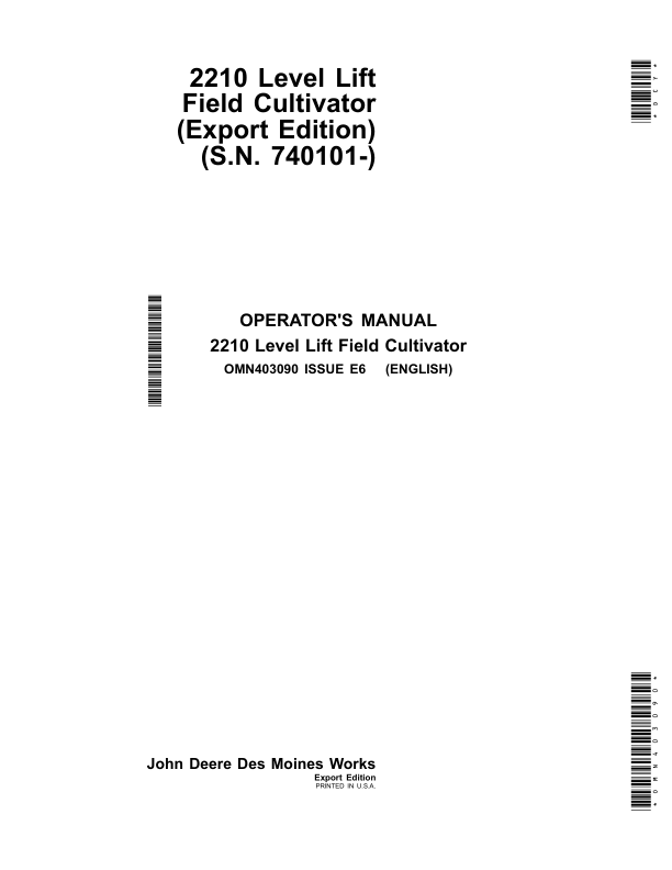John Deere 2210 Level Lift Field Cultivators (Export Edition) Operator's Manual (OMN403090)