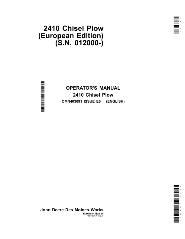 John Deere 2410 Chisel Plow (European Edition) Operator's Manual (OMN403091)