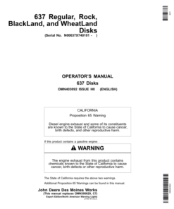 John Deere 637 Regular, Rock, BlackLand, WheatLand Disks Operator's Manual (OMN403092)