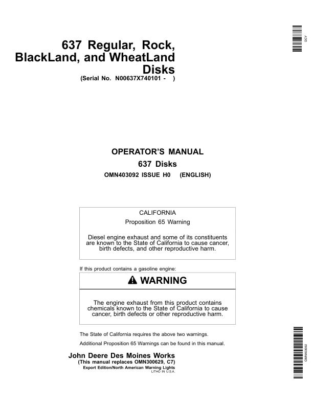 John Deere 637 Regular, Rock, BlackLand, WheatLand Disks Operator's Manual (OMN403092)