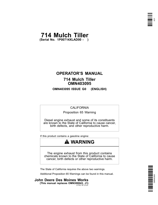 John Deere 714 Mulch Tillers Operator's Manual (OMN403095)