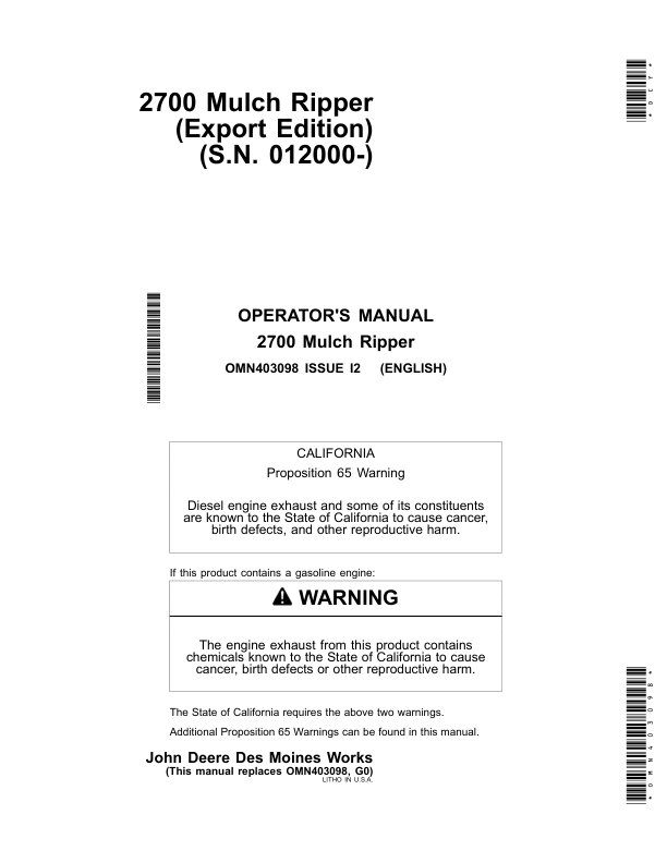 John Deere 2700 Mulch Ripper (012000-) Operator's Manual (OMN403098)