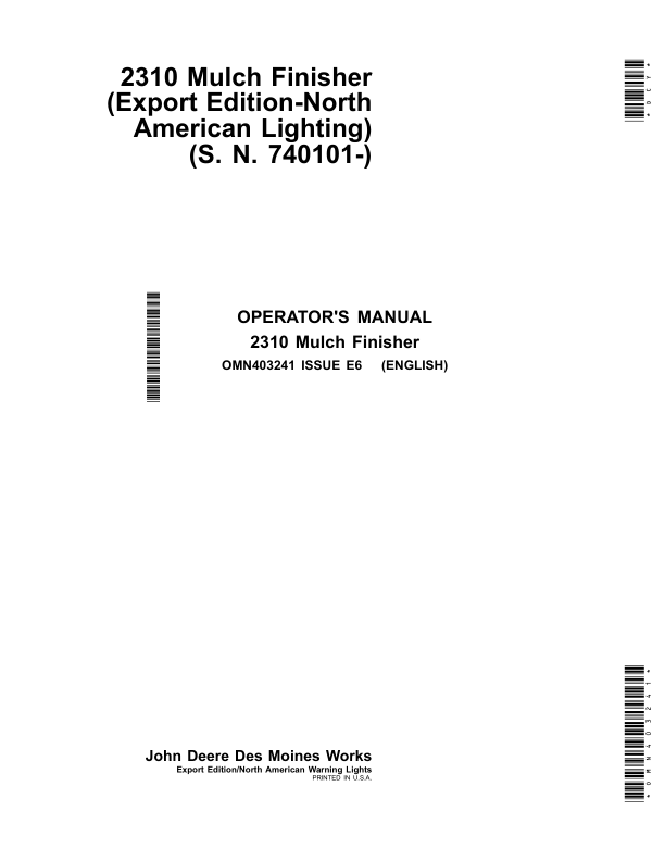 John Deere 2310 Mulch Finishers (Export Edition w/North American Lighting) Operator's Manual (OMN403241)