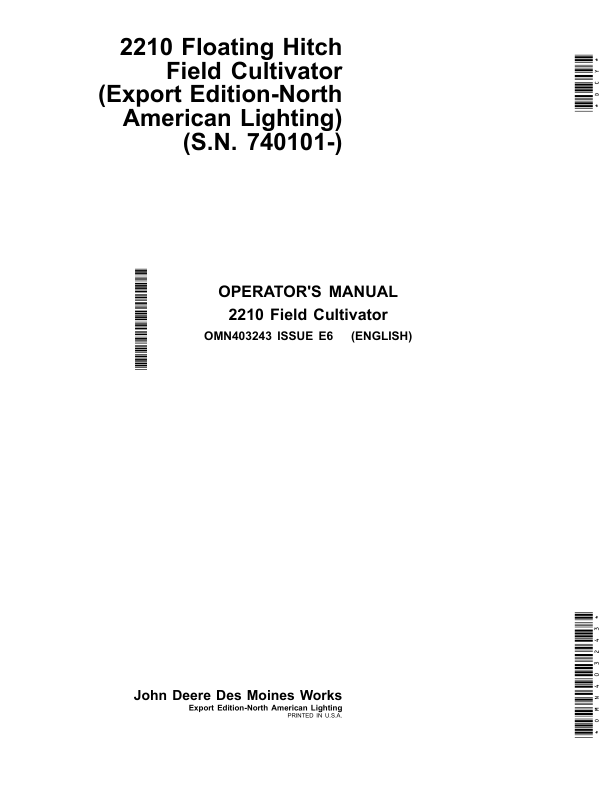 John Deere 2210 Floating-Hitch Field Cultivator (Export Edition) Operator's Manual (OMN403243)