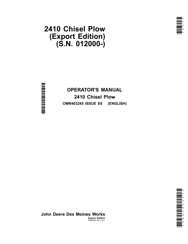 John Deere 2410 Chisel Plows (Export Edition) Operator's Manual (OMN403245)