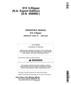 John Deere 915 V-Rippers (Mfg in USA w/North American Lighting) Operator's Manual (OMN403247)