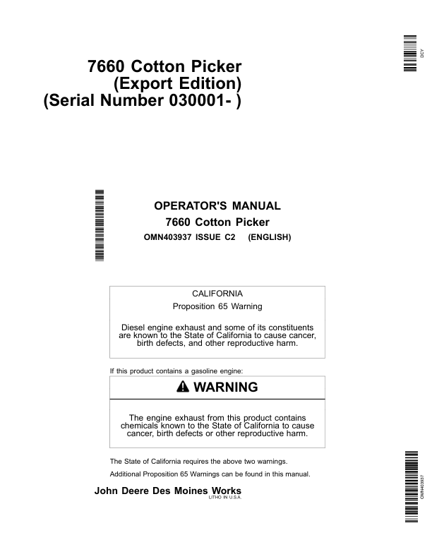 John Deere 7660 Cotton Pickers Operator's Manual (OMN403937)