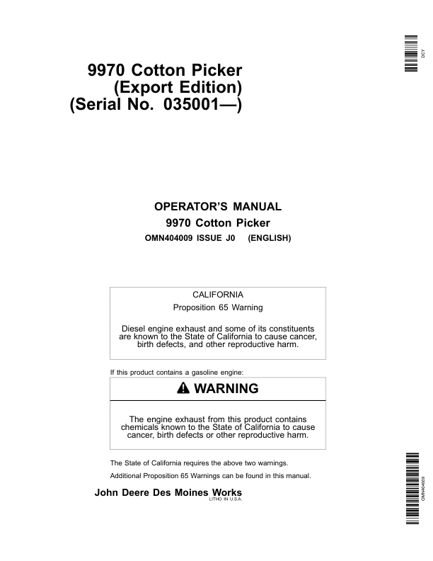 John Deere 9970 Cotton Picker (Export Edition) (035001-) Operator's Manual (OMN404009)