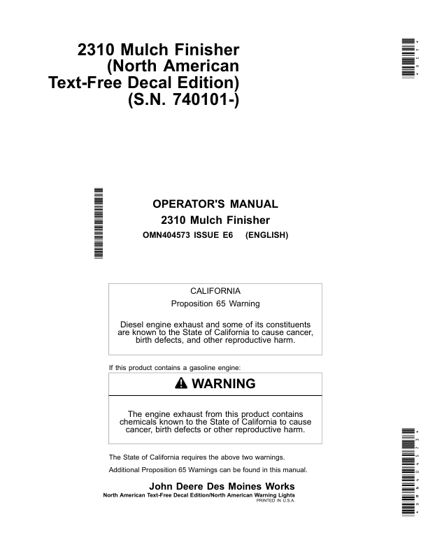 John Deere 2310 Mulch Finishers North American Warning Lights (Asian Edition w/North American Configuration) Operator's Manual (OMN404573)