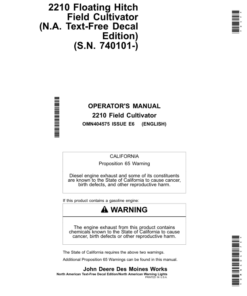 John Deere 2210 Floating-Hitch Field Cultivators North American Waning Lights (North American) Operator's Manual (OMN404575)