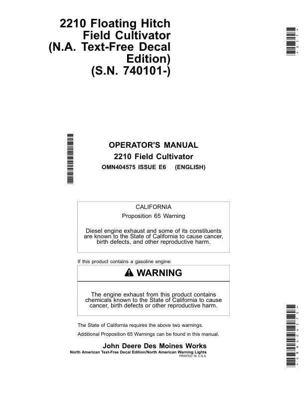 John Deere 2210 Floating-Hitch Field Cultivators North American Waning Lights (North American) Operator's Manual (OMN404575)