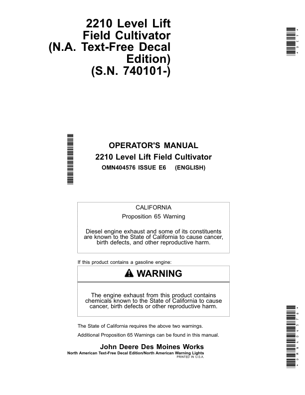 John Deere 2210 Level-Lift Field Cultivators North American Warning Lights (North American Edtion) Operator's Manual (OMN404576)