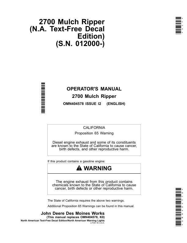 John Deere 2700 Mulch Ripper Operator's Manual (OMN404578)