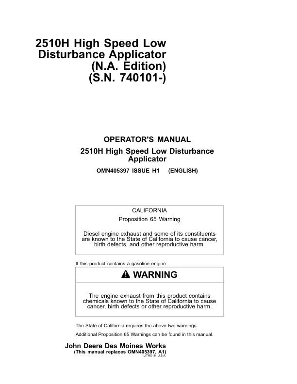 John Deere 2510H High-Speed Applicators (Low-Disturbance) North America (740101-745100) Operator's Manual (OMN405397)