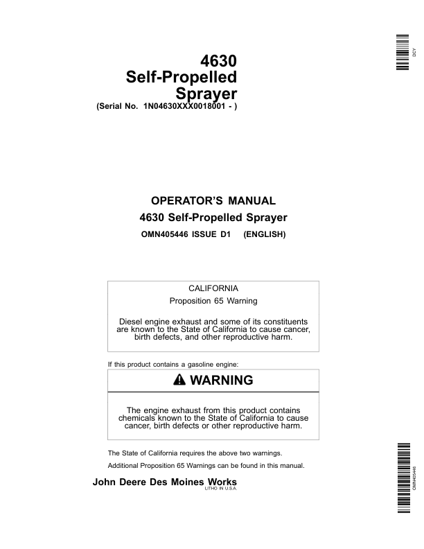 John Deere 4630 Self-Propelled Sprayers Export Edition (018001-023000) Operator's Manual (OMN405446)