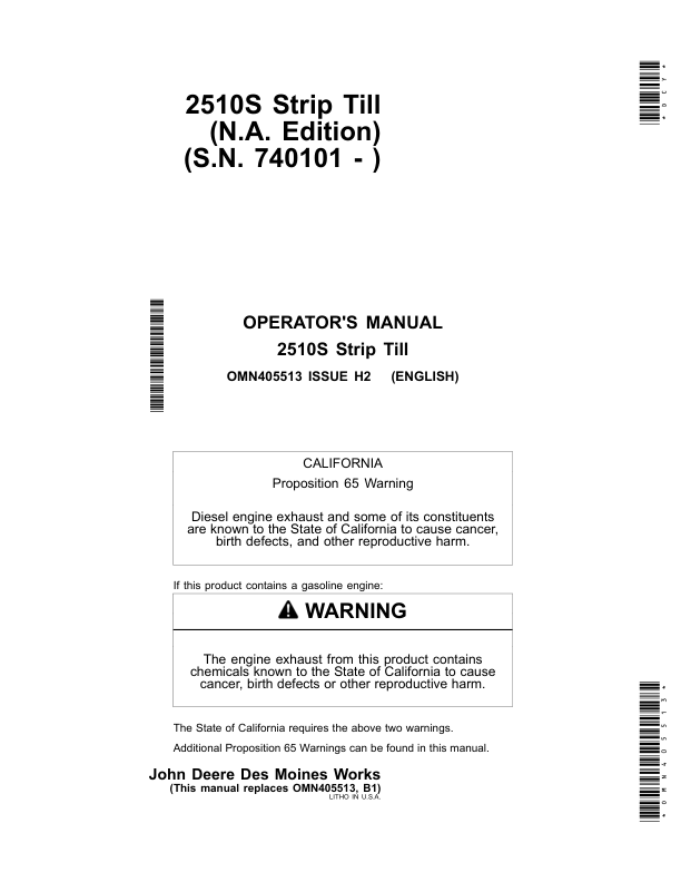 John Deere 2510S Strip Till Applicator Operator's Manual (OMN405513)