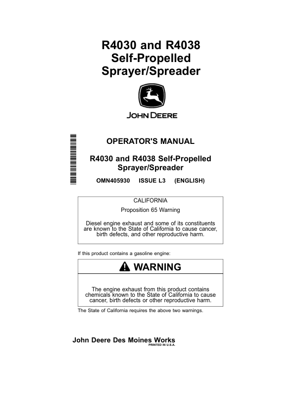 John Deere R4030 & R4038 Self-Propelled Sprayer/Spreader North America (001001-006000) Operator's Manual (OMN405930)