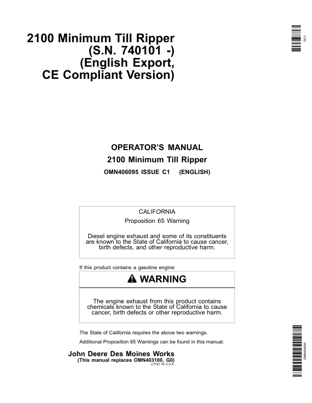 John Deere 2100 Minimum Till Ripper Export Edition - CE Compliant Version (740101- ) Operator's Manual (OMN406095)