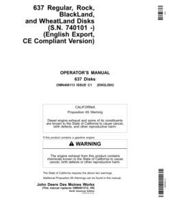 John Deere 637 Regular, Rock, BlackLand, Wheatland Disks (740101-)(English Export, CE Compliant) Operator's Manual (OMN406113)