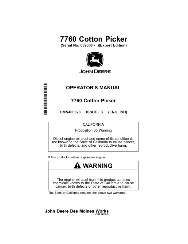 John Deere 7760 Cotton Picker (039000-) Operator's Manual (OMN406828)