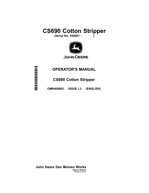 John Deere CS690 Cotton Strippers Export Edition (055000-060000) Operator's Manual (OMN408983)