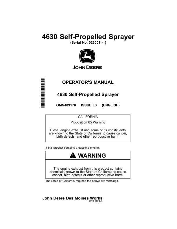 John Deere 4630 Self-Propelled Sprayers Export Edition (023001-028000) Operator's Manual (OMN409170)