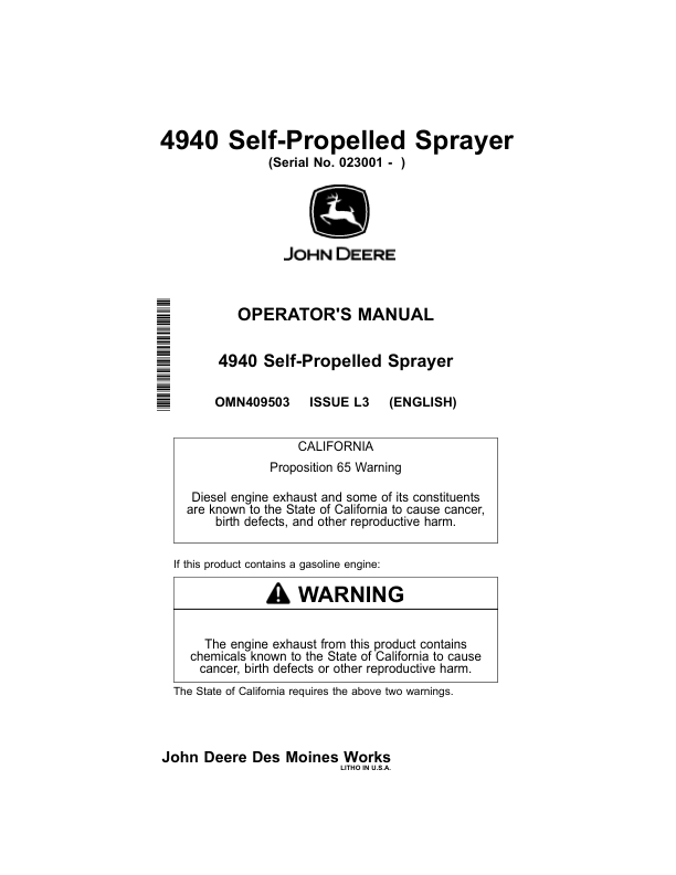 John Deere 4940 Self-Propelled Sprayer (023001-) Operator's Manual (OMN409503)