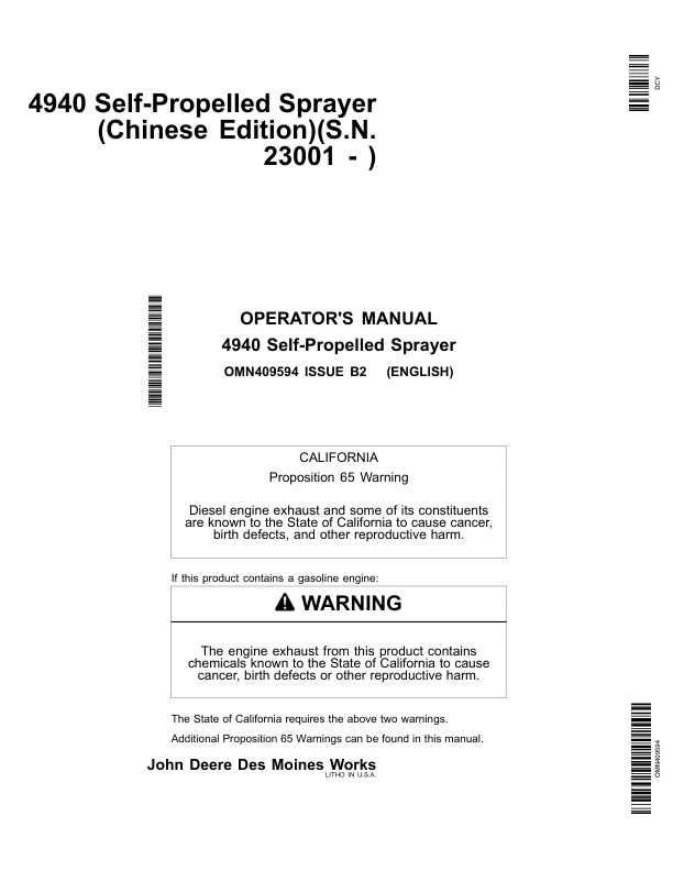 John Deere 4940 Self-Propelled Sprayer (023001-) Operator's Manual (OMN409594)