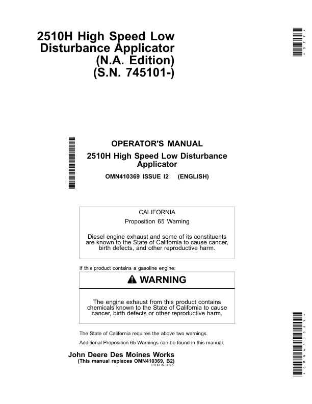 John Deere 2510H High-Speed Applicators (Low-Disturbance) North America (745101-760100) Operator's Manual (OMN410369)