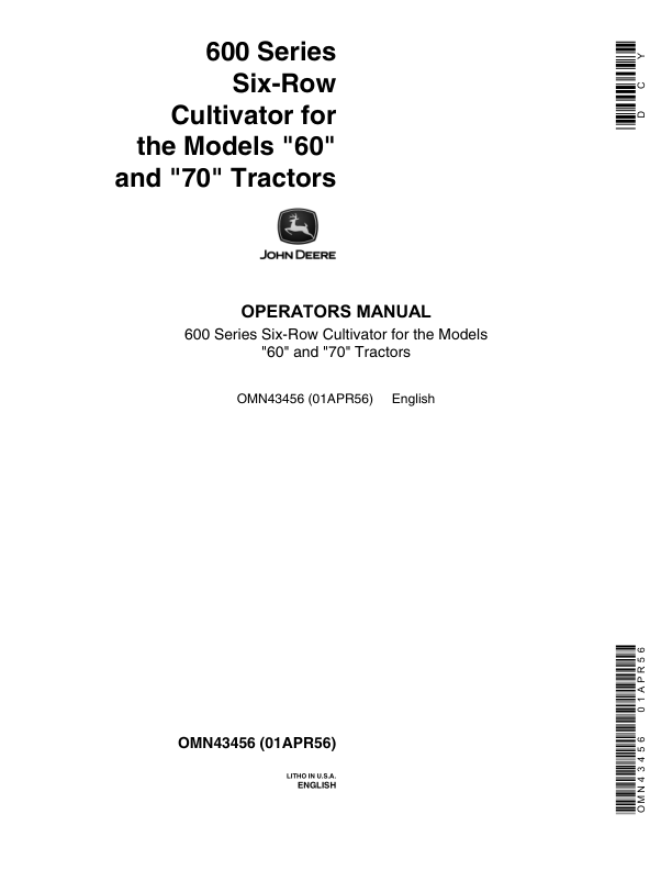 John Deere 600 Series Six-Row Cutlivator Operator's Manual (OMN43456)