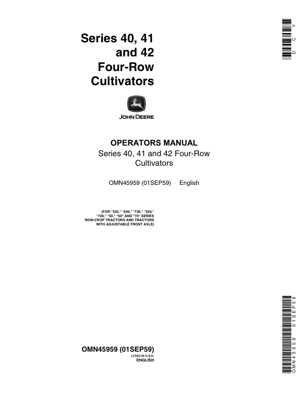 John Deere 40, 41, 42 Row Crop Cultivator Operator's Manual (OMN45959)