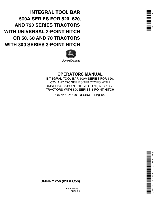 John Deere Integral Toolbar 500A Series Operator's Manual (OMN471256)