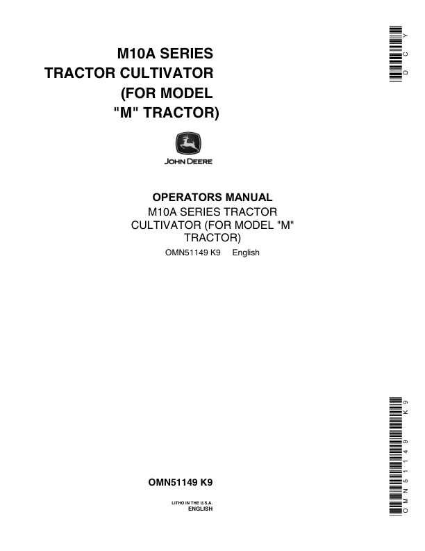 John Deere M10A Series Tractor Cultivator for Model 'M' Tractor Operator's Manual (OMN51149)