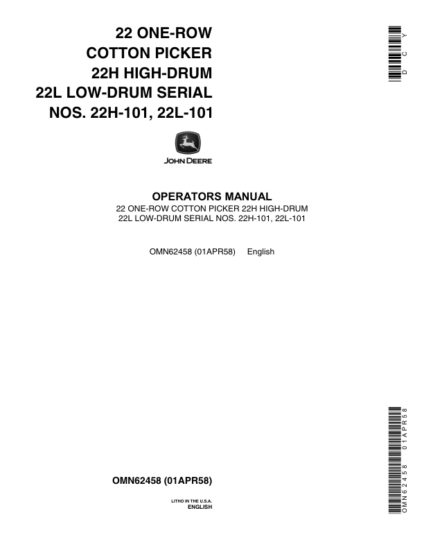 John Deere 22 One-Row Cotton Picker (000101-) Operator's Manual (OMN62458)