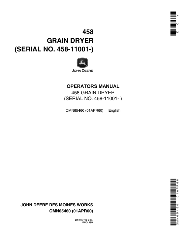 John Deere 458 Grain Dryer (011001-) Operator's Manual (OMN65460)