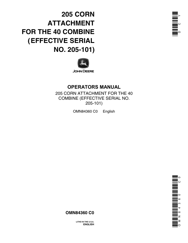 John Deere 205 Corn Attachment for 40 Combine Operator's Manual (OMN84360)
