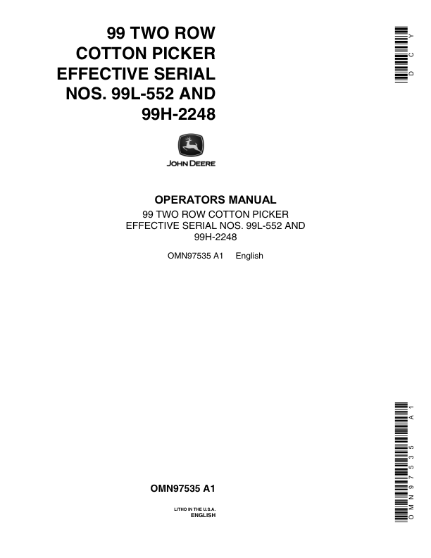 John Deere 99 Two Row Cotton Picker Operator's Manual (OMN97535)