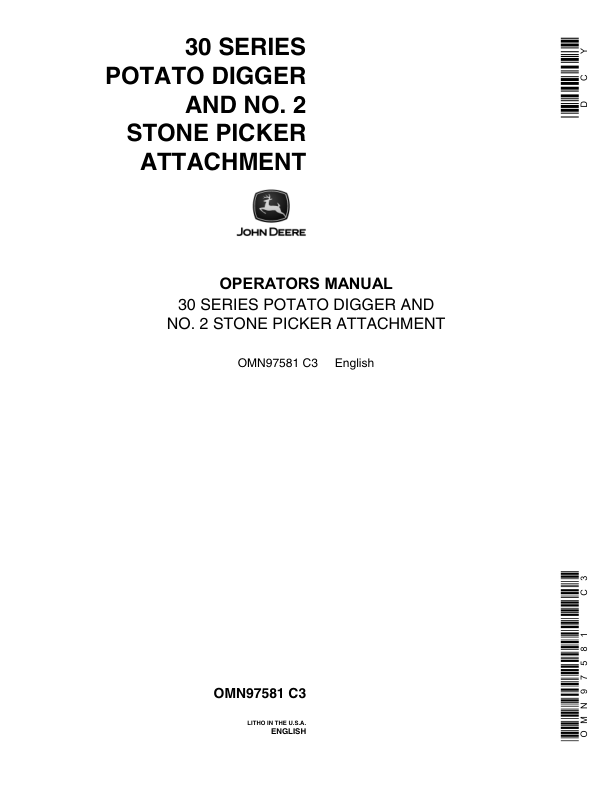John Deere 30 Series Potato Digger, No. 2 Stone Picker Attachment Operator's Manual (OMN97581)