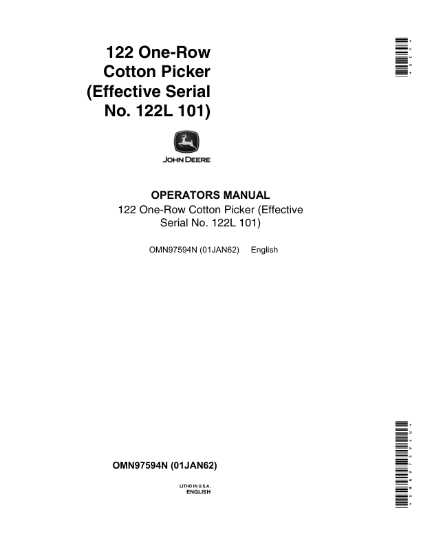 John Deere 122 One-Row Cotton Picker (000101-) Operator's Manual (OMN97594N)