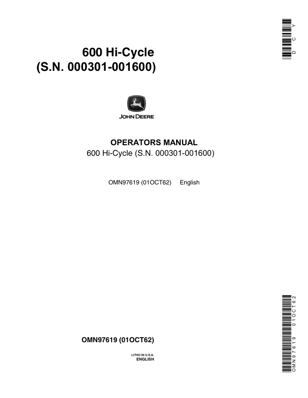 John Deere 600 Hi-Cycle Tractor Operator's Manual (OMN97619)