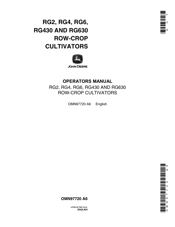 John Deere RG2, RG4, RG6, RG430, RG630 Row Crop Tractors Operator's Manual (OMN97720)