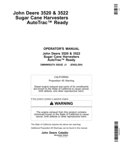 John Deere 3520, 3522 Sugar Cane Harvesters AutoTrac Ready Operator's Manual (OMNW00279)