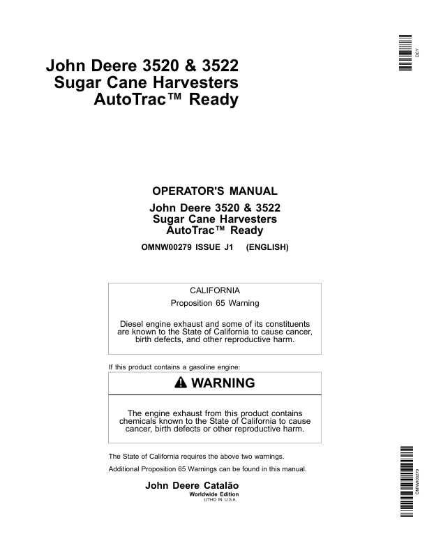 John Deere 3520, 3522 Sugar Cane Harvesters AutoTrac Ready Operator's Manual (OMNW00279)