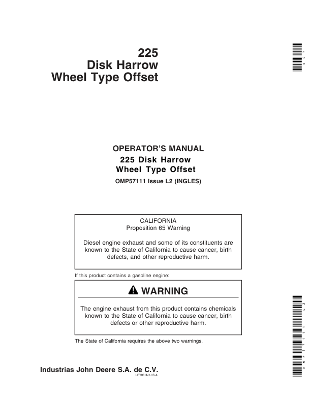 John Deere 225 Wheel Type Offset Disk Harrow North America (001001-026749) Manufactured in Mexico Operator's Manual (OMP57111)