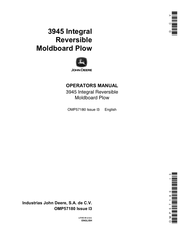 John Deere 3945 Reversible Two-Way Integral Moldboard Plow Operator's Manual (OMP57180)